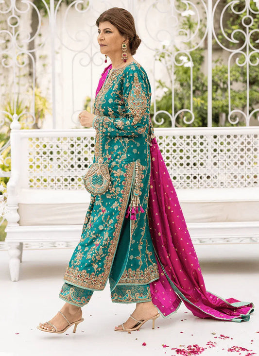 Farha Talib Aziz Wedding Festive Raw Silk Hand Made Collection Unstitched Avisa Emerald Kurta - 3 Pieces Raw Silk - Zainabjees