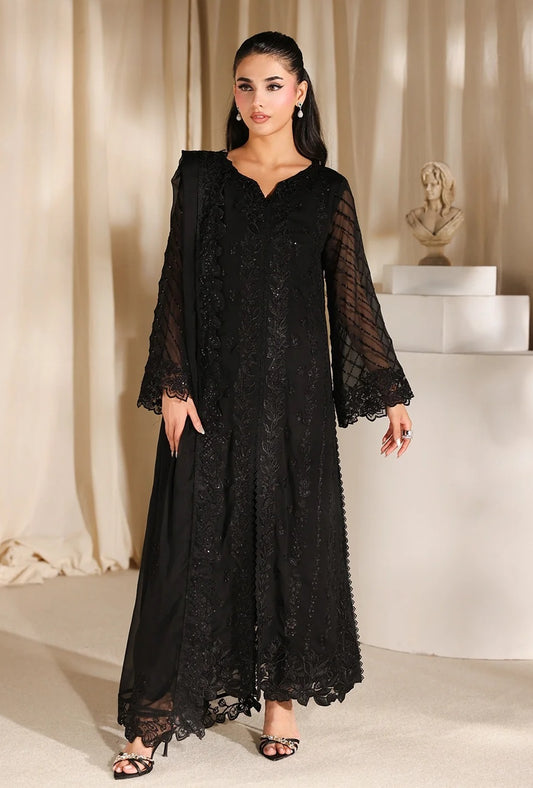 Azure Luxury Chiffon Embroidered 3Pc Unstitched Suit - Black Pearl - PA - 107