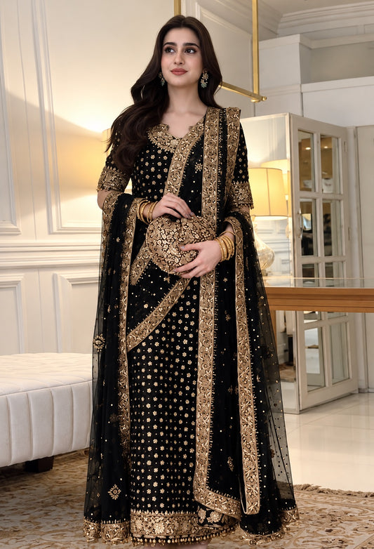 Haris Shakeel (black )Aisha afridi Luxury Chiffon Embroidered 3Pc Unstitched PA-149