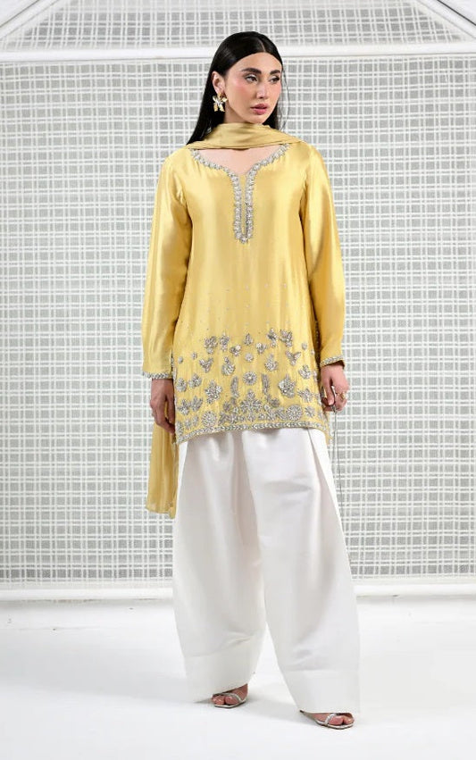 Huma Mistry Luxury Silk Embroidered 3 Pc Unstitched Suit-Butter Radiance