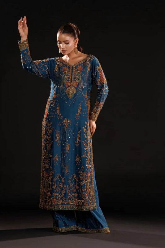 Usama Luxury Raw Silk Embroidered 3Pc Unstitched Suit Azure Dynasty