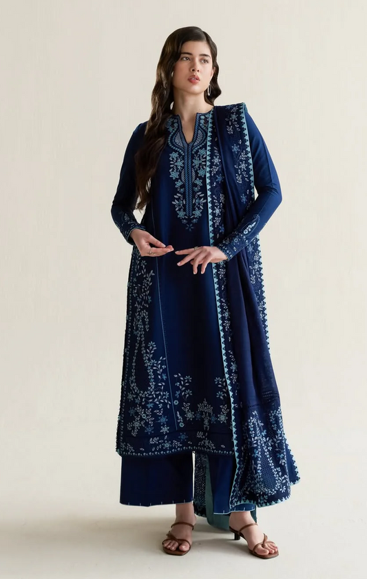 Pakeeza-Dark Blue Luxury Embroidered Lawn Unstitched 3Pc Suit