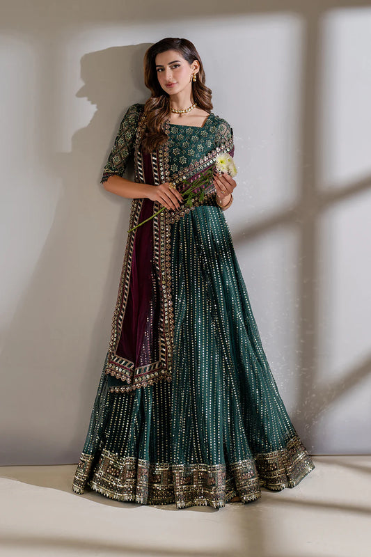 Iznik Meraki Luxury Embroidered Dark Green Luxury 3 Pc Unstitched Net Maxi D-07