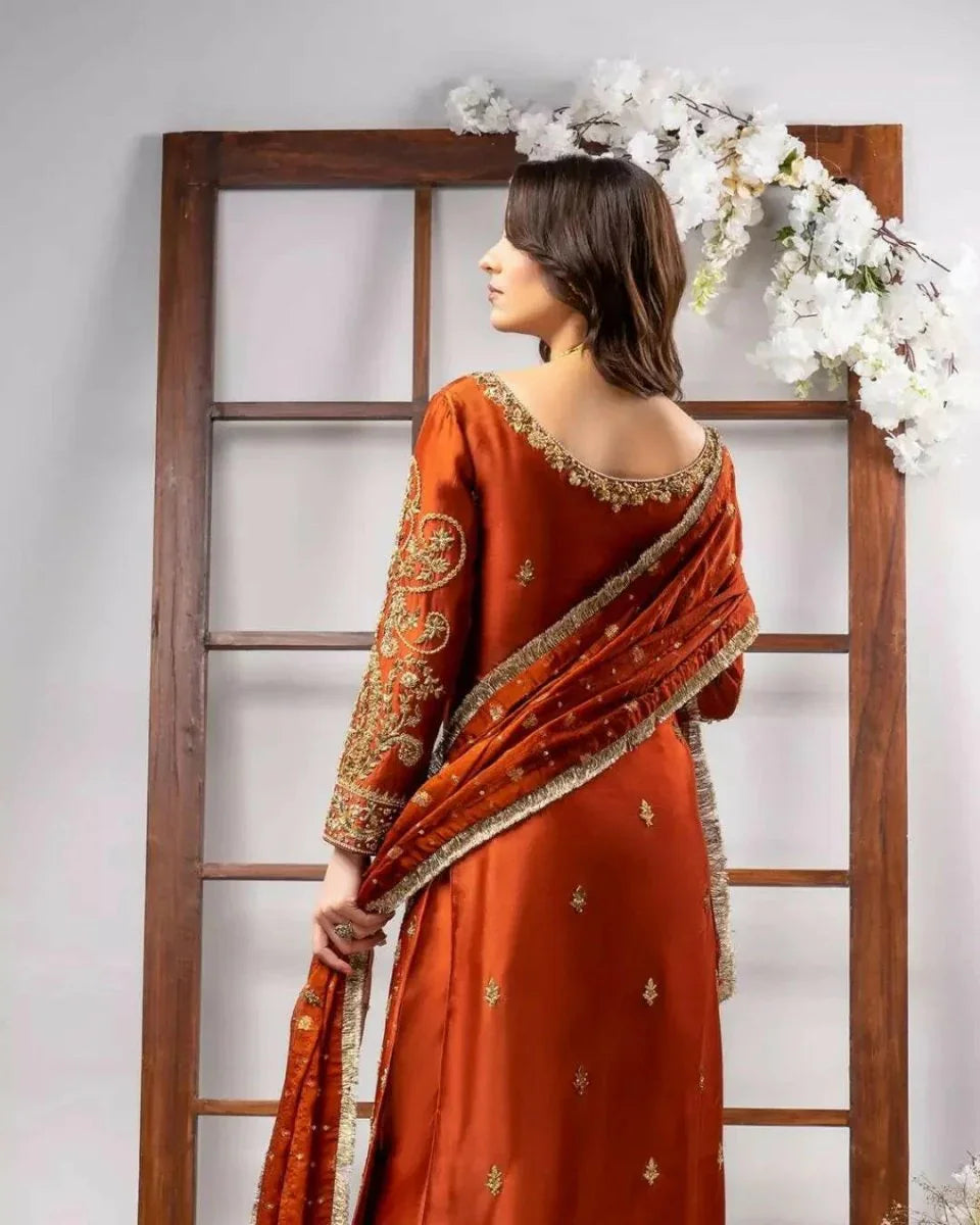 Ahmed Sultan Luxury Pure Raw Silk 3 Piece Unstitched Tangerine - 3 Pieces Raw Silk - Zainabjees
