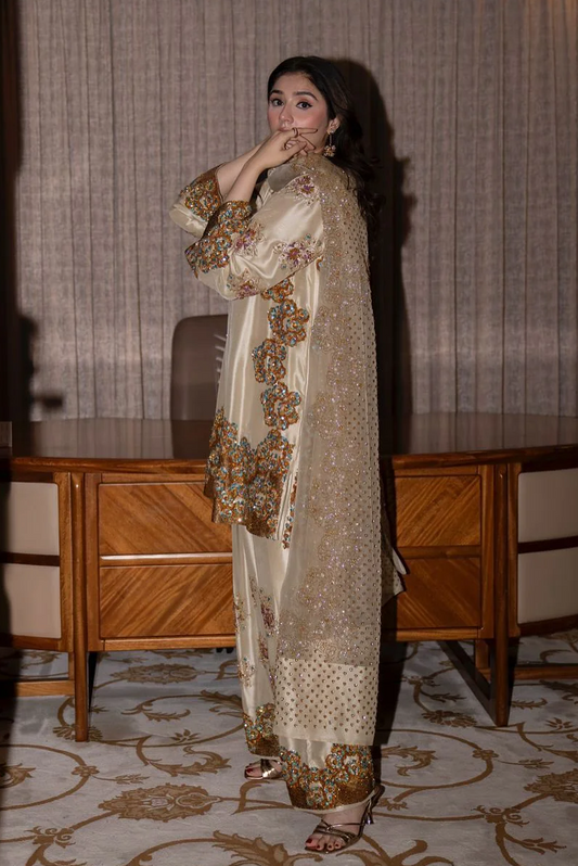 Muse Luxe Luxury Raw Silk Adda Hand Emblishment Unstitched Suit Crème