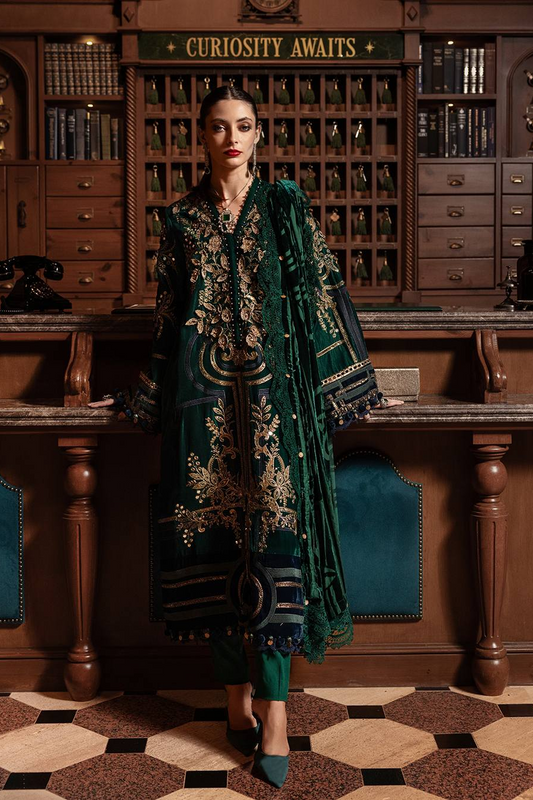 Maria.B Winter Luxe Embroidered Velvet Unstitched 3Pc Suit D-02 With Palaichi Shawl