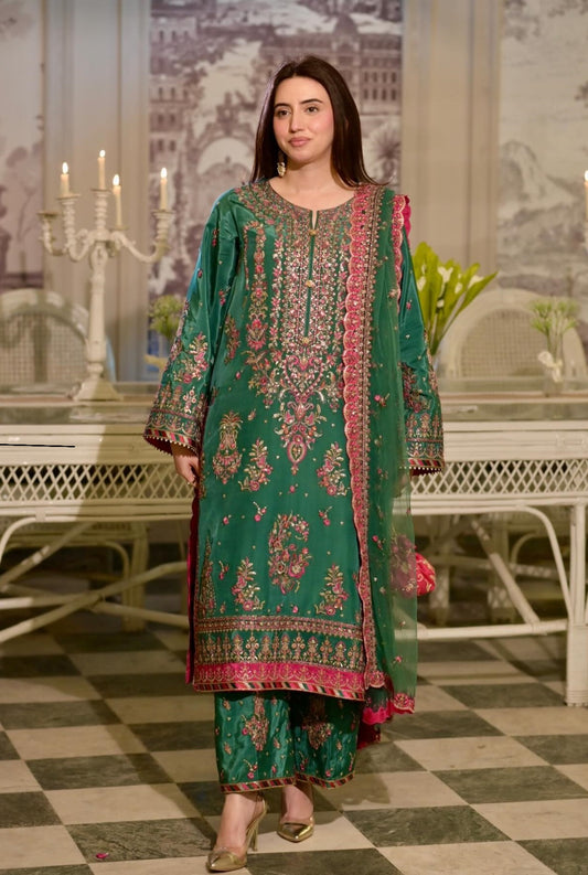 Aneela’s Bottle Green Sequence Embroidered Lawn 3PC Unstitched Suit