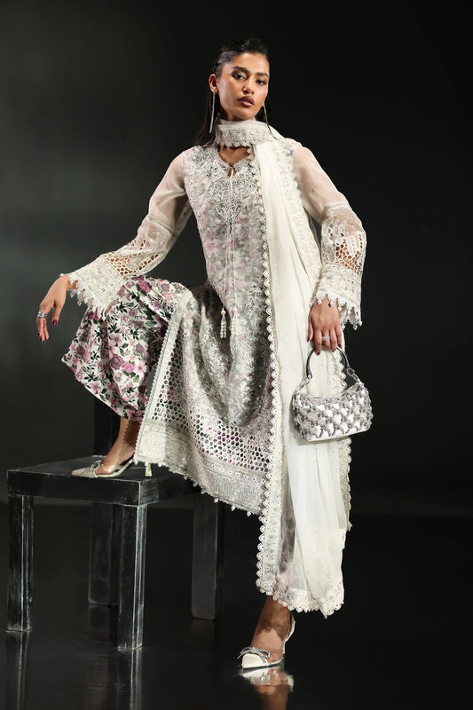 Maria B Luxury Embroidered Organza 3Pc Unstitched Suit EA26-11-Off White PA-113