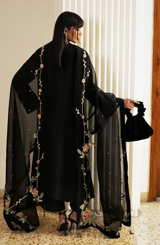 Hussain Rehar Luxury Embroidered Raw Slik Unstitched 3Pc Suit - Sitara Noir - PA - 0095