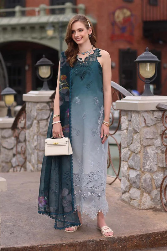 Saadia asad - Lawn Embroidered Unstitched 3 Piece - D10- Teal Ombre