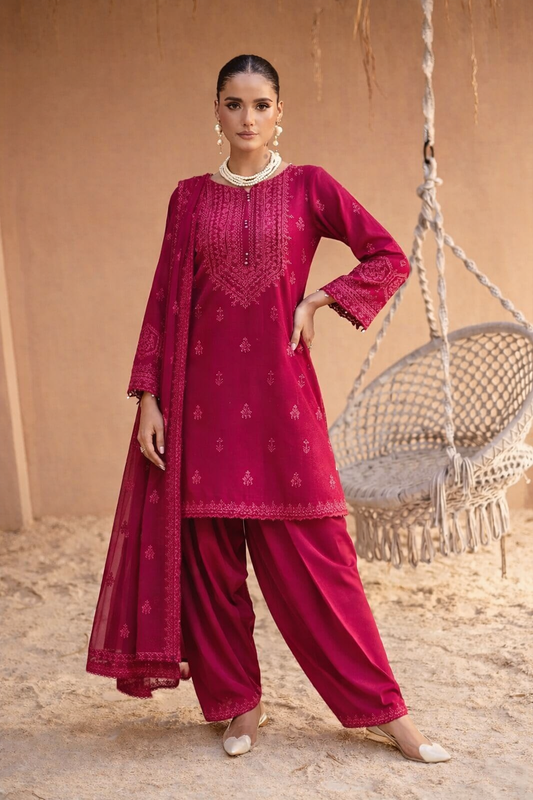 Batik Luxury Lawn Embroidered Unstitched Suit Pink Henna