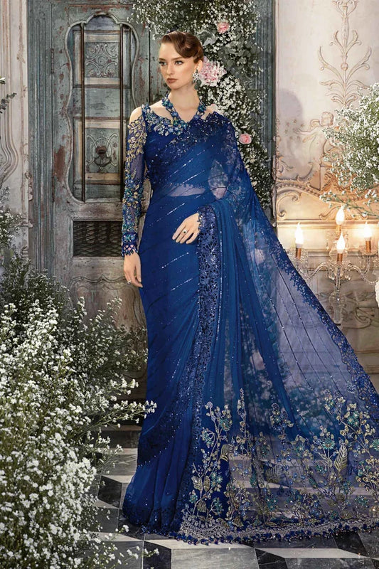 Maria.B Cobalt Blue BD-2704 Luxury Pure Chiffon Embroidered 3 Pc Unstitched Saree PA-219