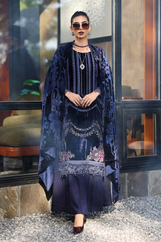 Maria.B Luxury Velvet Embroidered 3 Pc Unstitched Suit With Velvet Palaichi Shawl