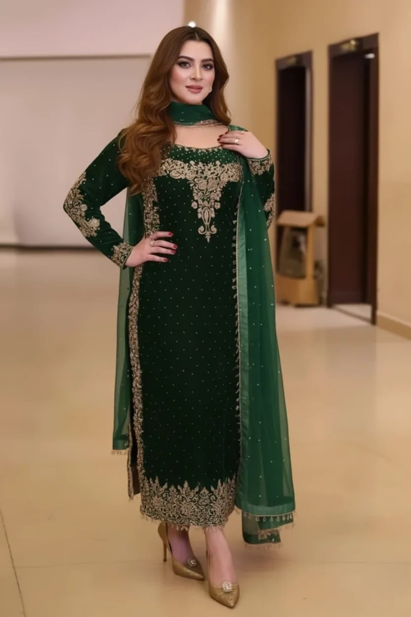 Poshkari Luxury Velvet Embroidered Unstitched Collection Bottle Green –  Zainabjees