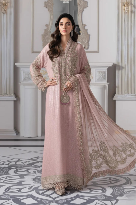 Maria.B Luxury Pure Chiffon Embroidered 3 Piece Unstitched - BD-3005 Baby Pink