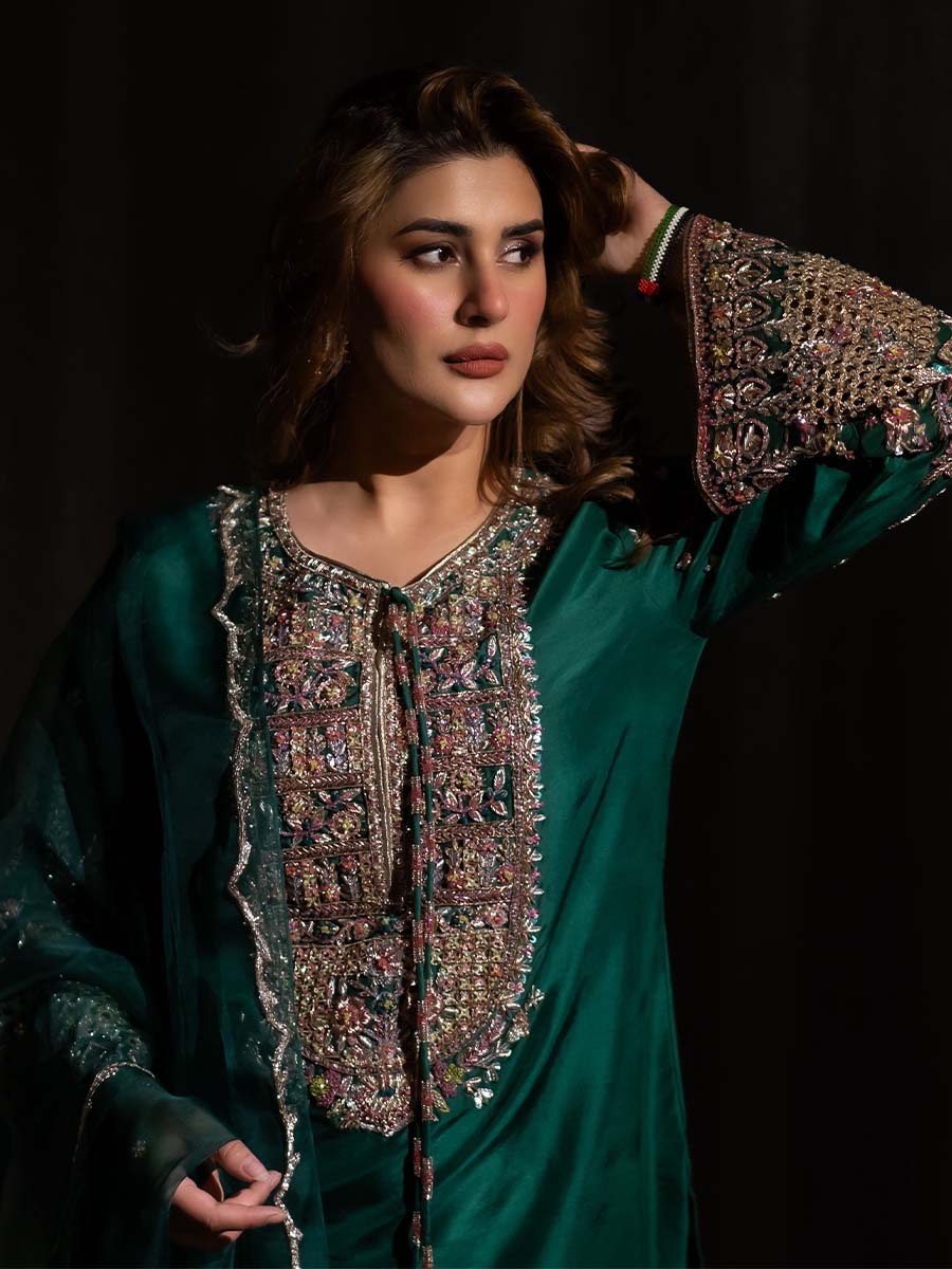 Hijab Hand Made Wedding Festive Luxury Raw Silk Unstitched KUBRA - 3 Pieces Lawn - Zainabjees