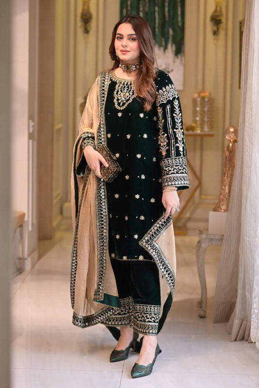Aneelas | Luxury Velvet Embroidered 3 Piece Unstitched - VT-09