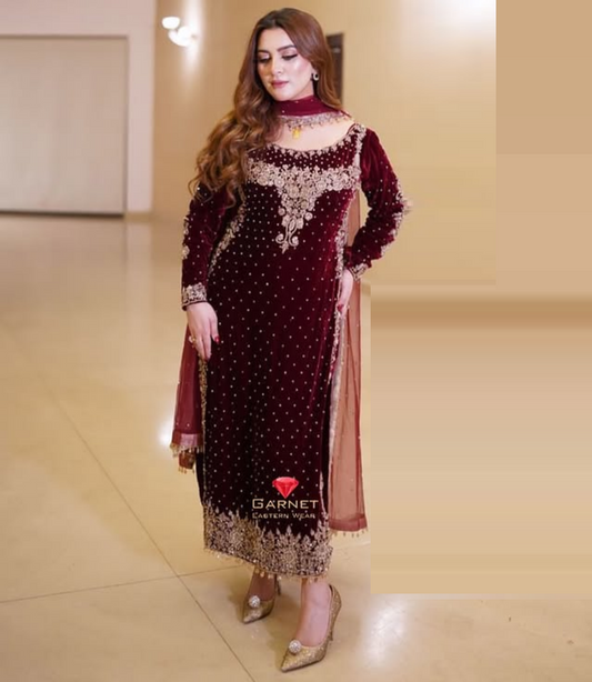 Poshkari Luxury Velvet Embroidered Unstitched Collection Maroon Majesty