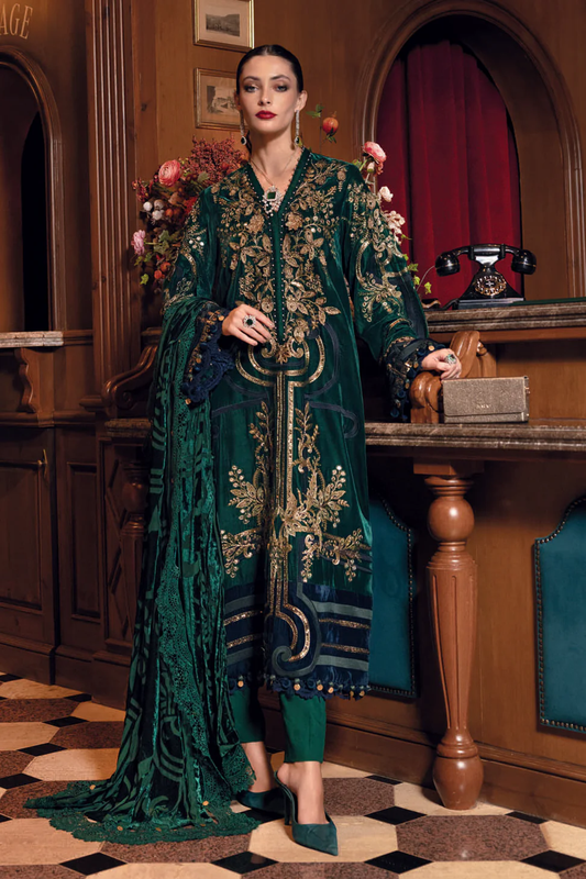 Maria.B Winter Luxe Embroidered Velvet Unstitched 3Pc Suit D-02 With Palaichi Shawl