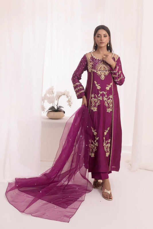 Sehrish Nadeem Luxury Raw Silk Embroidered Unstitched 3PC Suit-EC0106