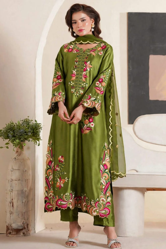 Poshkari Luxury Silk Embroidered 3Pc Unstitched Suit PA-255