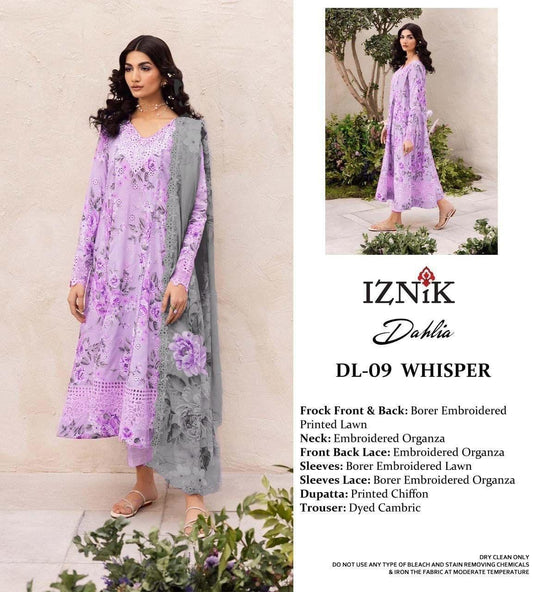 Iznik Luxury Embroidered Lawn Unstitched 3 Piece DL - 09 - 3 Pieces Lawn - Zainabjees