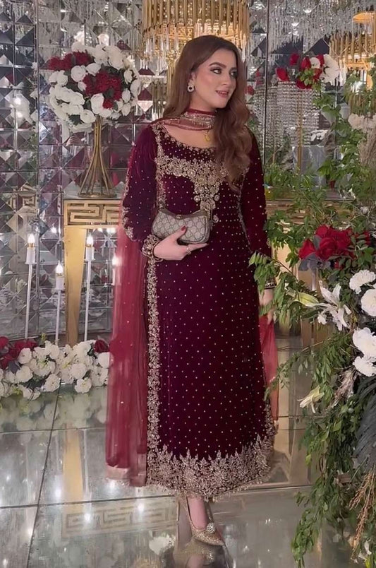 Poshkari Luxury Velvet Embroidered Unstitched Collection Maroon Majesty