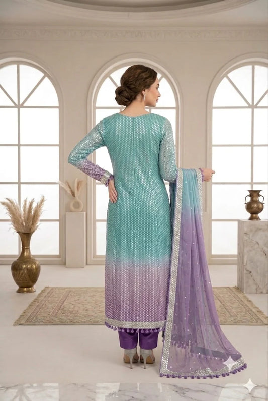 Poshkari Tie N Die Luxury Embroidered Chiffon 3Pc Unstitched Suit-Twilight Glow