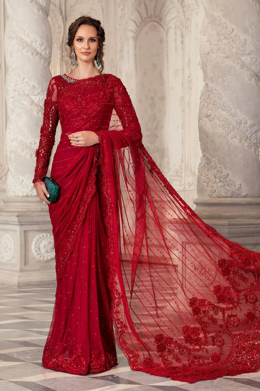 Maria.B Couture Velntine Red Wedding Festive Saree Unstitched Net MC 0 Zainabjees