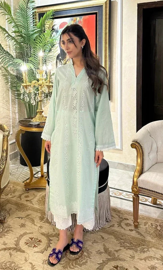 Naarj Elegant Lawn Embroidered Unstitched 3 Piece White Lily - Sage Green Schiffli Kurta - 3 Pieces Lawn - Zainabjees