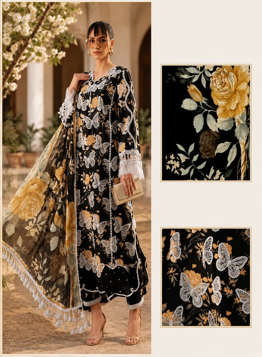 Maria B Luxury Embroidered Lawn 3Pc Unstitched Suit-Butter Fly Black