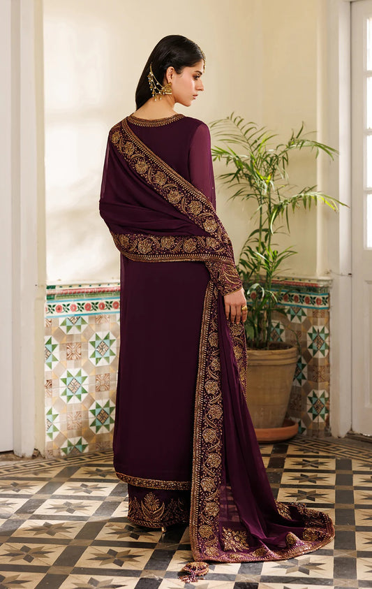 Iznik Luxury Chiffon Embroidered Unstitched 3PC Suit-Dark Plum