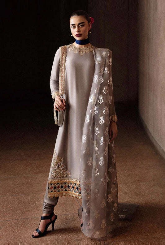 Hussain Rehar Luxury Raw Silk Embroidered 3Pc Unstitched Suit - Mist
