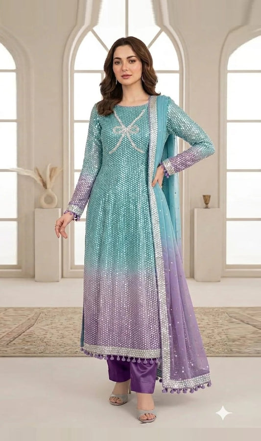 Poshkari Tie N Die Luxury Embroidered Chiffon 3Pc Unstitched Suit-Twilight Glow