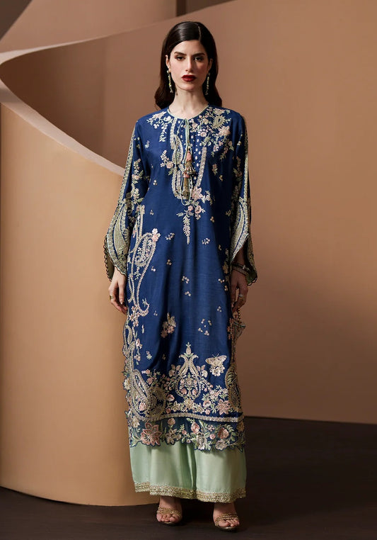 Ethnc ROYAL BLUE Luxury Silk Embroidered 2Pc Unstitched Kaftan Suit PA-212