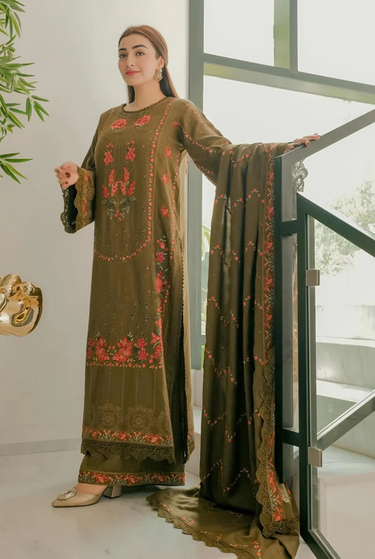 Aneelas - Luxury Lawn Embroidered Unstitched 3 Piece - Mustard