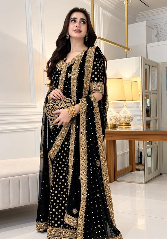 Haris Shakeel (black )Aisha afridi Luxury Chiffon Embroidered 3Pc Unstitched PA-149