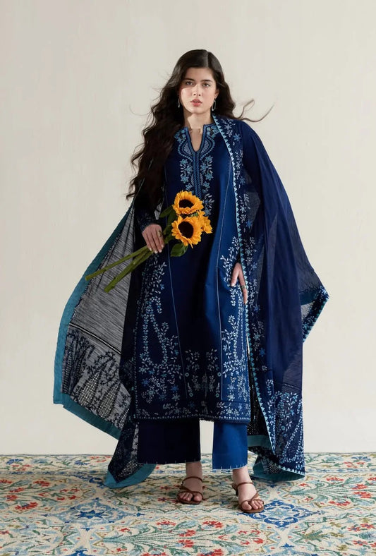 Pakeeza-Dark Blue Luxury Embroidered Lawn Unstitched 3Pc Suit