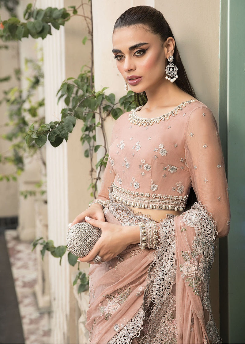 Maria.B Embroidered Chiffon Unstitched Saree MB23SC D5 - Luxury Collection Peach And Grey