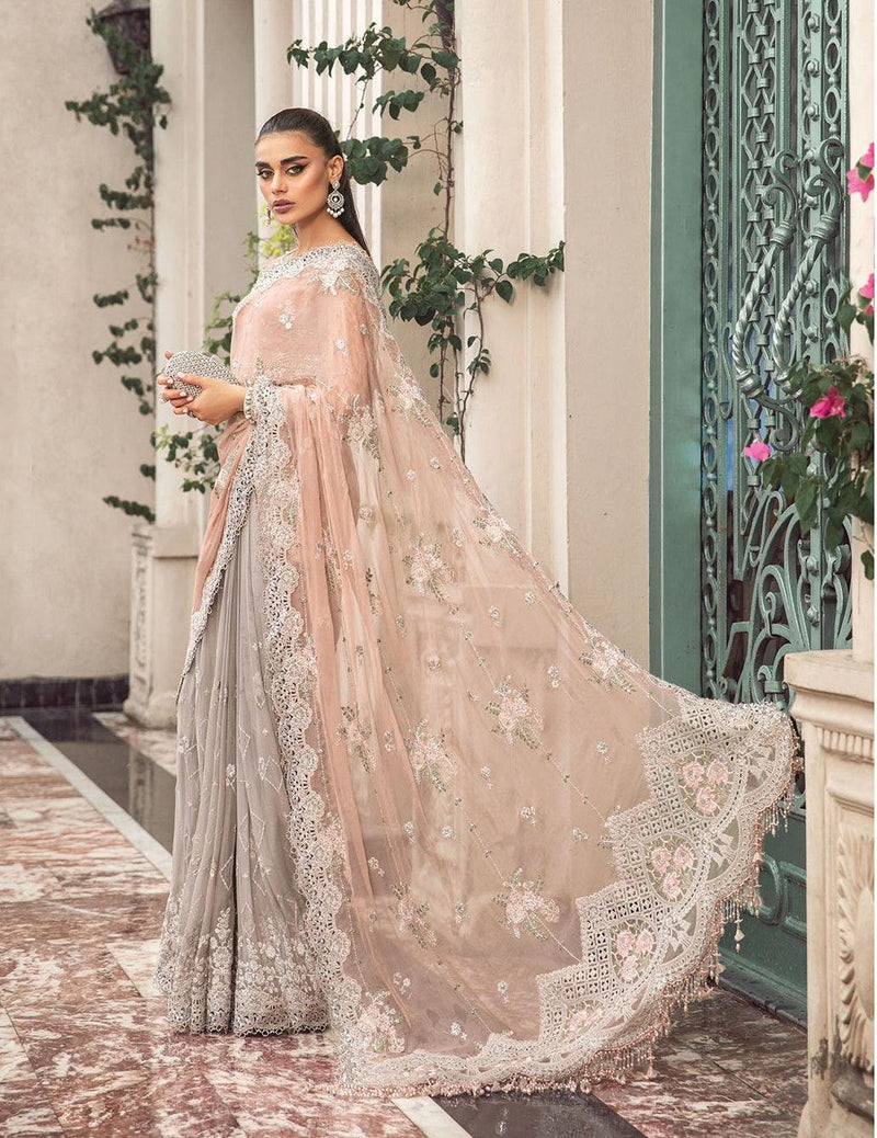 Maria.B Embroidered Chiffon Unstitched Saree MB23SC D5 - Luxury Collection Peach And Grey