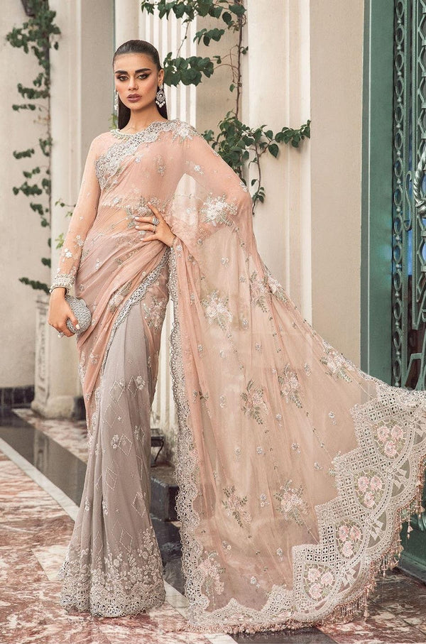 Maria.B Embroidered Chiffon Unstitched Saree MB23SC D5 - Luxury Collection Peach And Grey