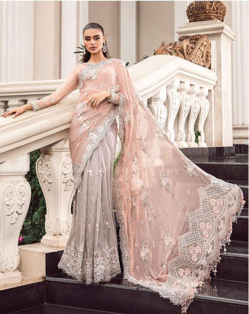 Maria.B Embroidered Chiffon Unstitched Saree MB23SC D5 - Luxury Collection Peach And Grey