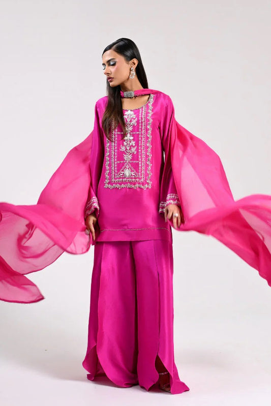 Huma Mistry Luxury Tussle Silk Embroidered Unstitched 3PC Suit -Fuchsia Flame