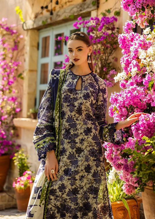 Elaf Chikankari Lawn'25 Luxury Embroidered 3 Piece ELK-01A Blue Blossom