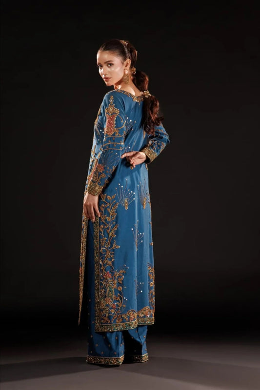 Usama Luxury Raw Silk Embroidered 3Pc Unstitched Suit Azure Dynasty