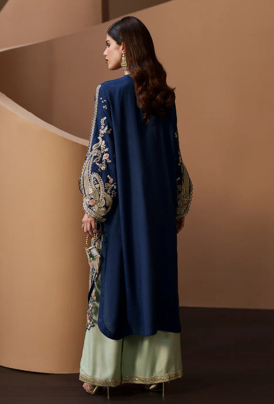 Ethnc ROYAL BLUE Luxury Silk Embroidered 2Pc Unstitched Kaftan Suit PA-212
