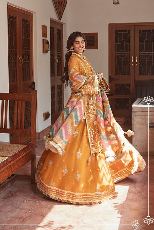 Zarlish By Mohsin Naveed Ranjha Organza Embroidered 3 Pcs Unstitched Henna Mustard