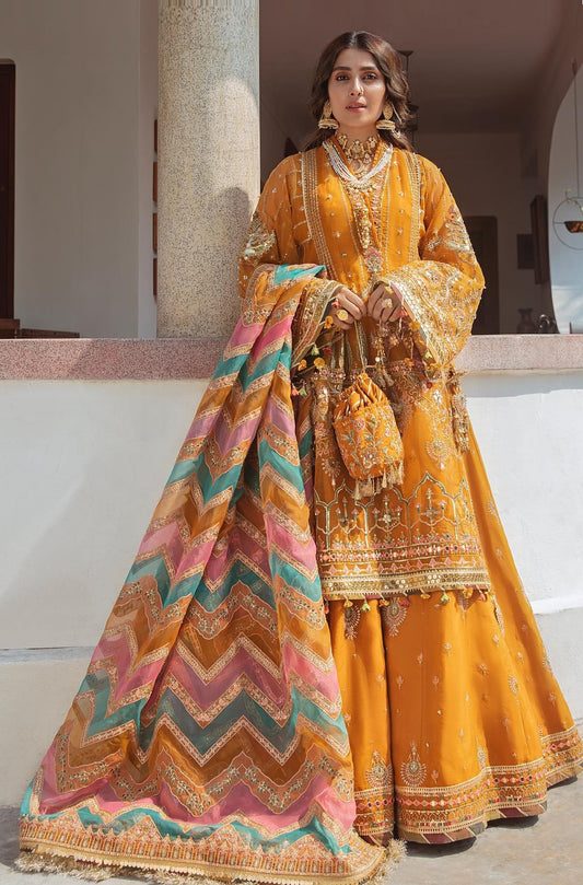Zarlish By Mohsin Naveed Ranjha Organza Embroidered 3 Pcs Unstitched Henna Mustard