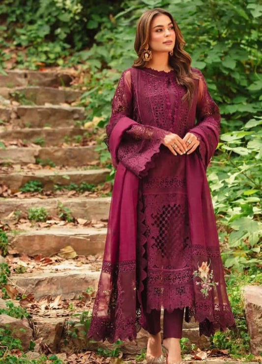 Aneelas Maroon Luxury Lawn Embroidered Unstitched 3 Piece