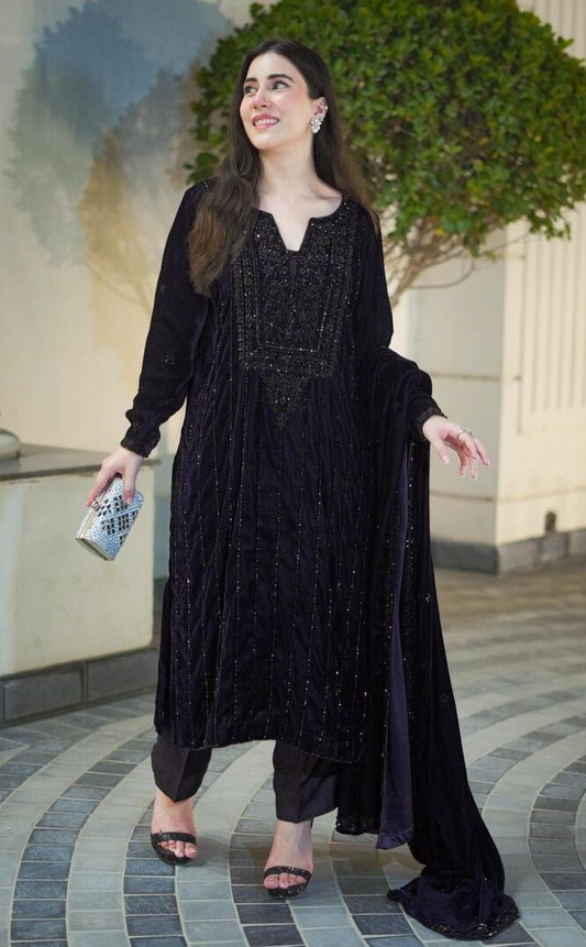 Aneelas Luxury Velvet Embroidered 3 Pc Unstitched Collection Deep Plump